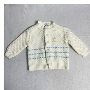 Vintage Doe Spun Kids Layette Cream Blue Duck Embroidered Knit Cardigan Sweater